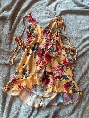 Zaful Yellow Floral Backless Ruffle Wrap Dress